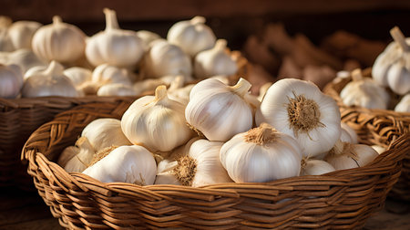 Garlic bulbs in a wicker basket on a wooden background.の素材