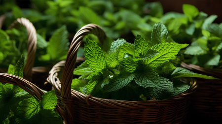Fresh mint leaves in wicker basket on wooden table. Selective focus.の素材