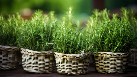 Rosemary in wicker baskets on a wooden background. Selective focus.の素材