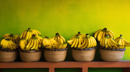 Bunch of bananas in a basket on a wooden shelf against a green wallの素材