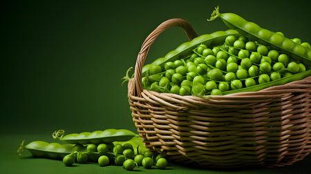 Green peas in a wicker basket on a green background. 3d renderingの素材