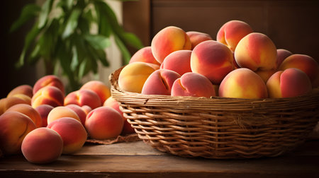 Ripe peaches in a wicker basket on a wooden tableの素材