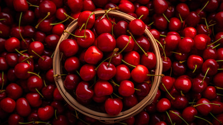 Ripe cherries in a basket on a dark background close upの素材