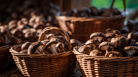 Fresh shiitake mushrooms in wicker baskets on the marketの素材