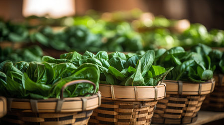 Fresh green basil leaves in basket on blurred background. Selective focus.の素材
