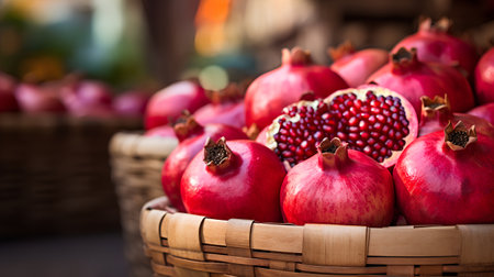 Ripe pomegranates in a basket on a blurred backgroundの素材
