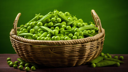 Fresh green peas in a basket on a green background. Selective focus.の素材