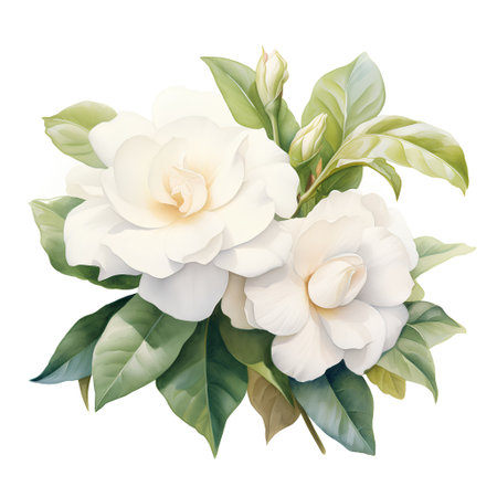 White camellia flowers isolated on white background. Watercolor illustrationの素材