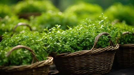 Fresh basil in a wicker basket. Selective focus. nature.の素材