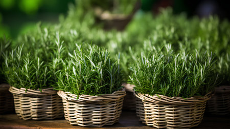 Fresh rosemary in a wicker basket on a wooden table.の素材