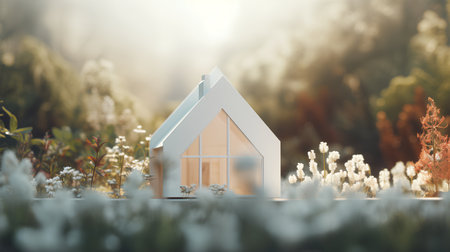 3d rendering of a small house in the meadow with flowersの素材