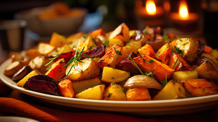 Roasted potato with rosemary and garlic on a rustic backgroundの素材