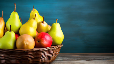 Ripe pears in a wicker basket on a blue backgroundの素材