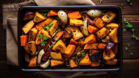 Roasted sweet potato with onion and thyme in a baking dishの素材