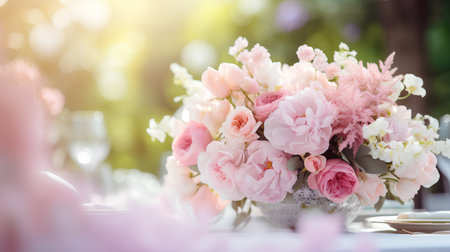 Wedding table setting with pink and white flowers in vaseの素材
