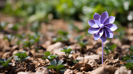Paper windmill in the garden on the ground, selective focus.の素材