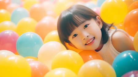 Little asian girl playing with colorful balloons. Happy childhood concept.の素材