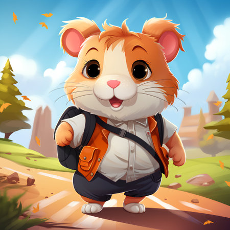 Vector illustration of Cute hamster on the road in the forestの素材