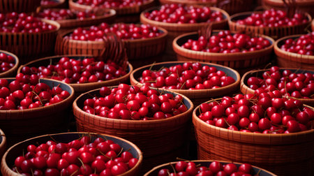 Ripe red cranberries in a basket on the counter in the storeの素材