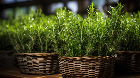 Fresh rosemary in wicker baskets on wooden background. Selective focus.の素材