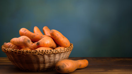 Basket of fresh carrots on a wooden table and dark blue backgroundの素材