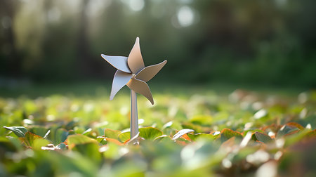 Windmill on the green grass. 3d illustration. Copy space.の素材