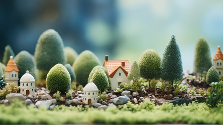 Miniature model of a house and trees on green moss background.の素材