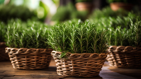 Rosemary in a wicker basket on a wooden table. Selective focus.の素材