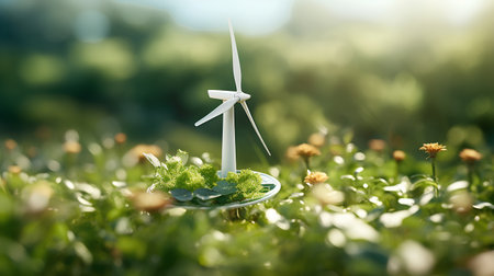 Wind turbine on green grass. Alternative energy source. Ecological conceptの素材