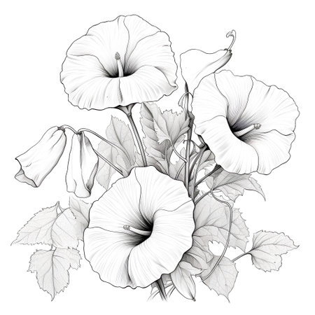 Illustration of bindweed flowers. Black and white drawing on white backgroundの素材