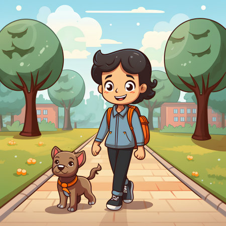 Boy walking with his dog in the park. Vector cartoon illustration.の素材