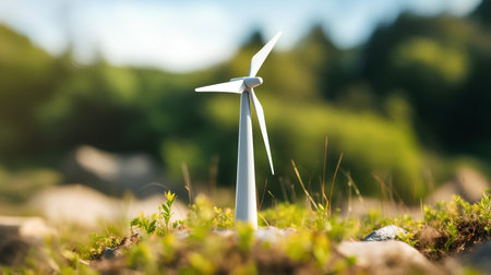 Wind turbine on the mountain. Alternative energy source. Conceptual image.の素材