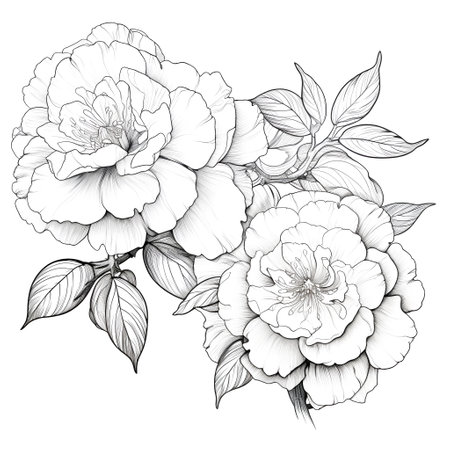 Vector peony flowers. Black and white engraved ink art. Isolated peony illustration element on white background.の素材