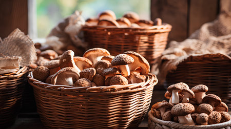 Fresh shiitake mushrooms in wicker baskets on rustic wooden backgroundの素材