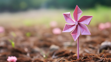 Paper windmill on the ground in the garden. Conceptual imageの素材