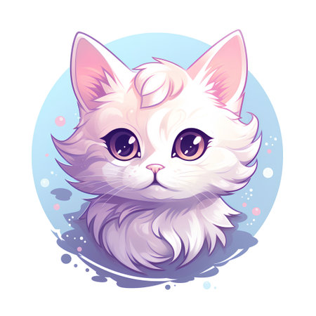 Cute white cat with blue eyes. Vector illustration in cartoon style.の素材
