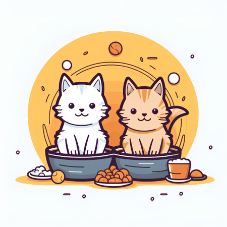Cute kawaii cats sitting in bowl with food. Vector illustration.の素材
