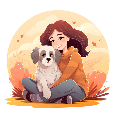 Cute girl with her dog in autumn park. Vector illustration.の素材