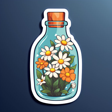 Vector illustration of a glass bottle with daisies on a blue background.の素材