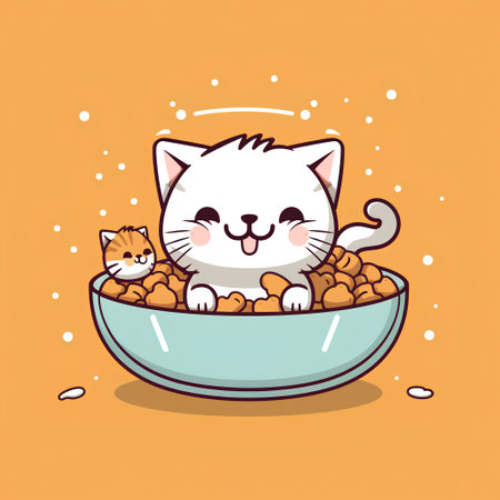cute cat in bowl with cat food vector illustration designicon.の素材