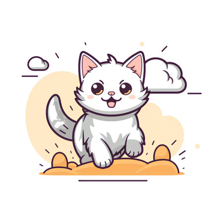 Cute kawaii white cat sitting on the sand. Vector illustration.の素材