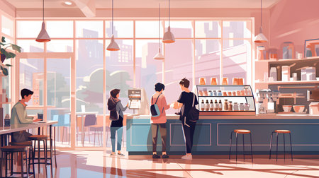 Coffee shop interior with barista and customers, vector illustrationの素材