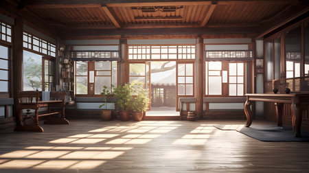 Japanese style room with wooden floor and window. 3d rendering.の素材