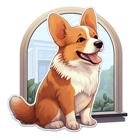 Welsh corgi dog sitting at the window. Vector illustration.の素材