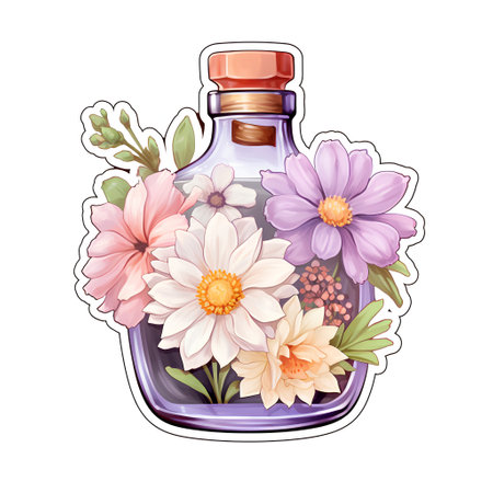 Bottle with essential oil and flowers. Vector illustration on white background.の素材