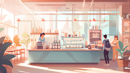 Coffee shop interior with barista and customer, vector illustrationの素材