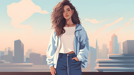 Beautiful young woman in the city. Vector illustration in a flat style.の素材