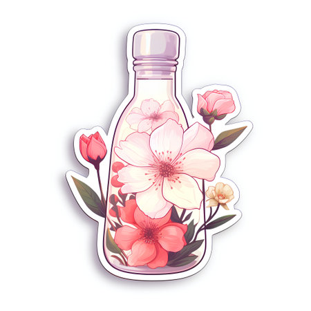 Hand drawn bottle of rose essential oil with flowers. Vector illustration.の素材