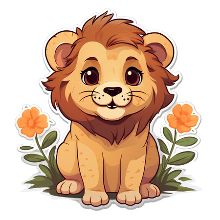 Cute lion sitting with flowers. Cartoon vector illustration isolated on white background.の素材