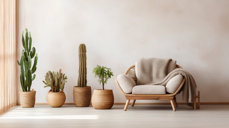 Interior of living room with armchair and cactus. 3d renderの素材